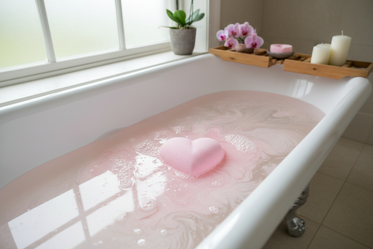 eine Badewanne mit Rosafarbene Herz-Badebombe