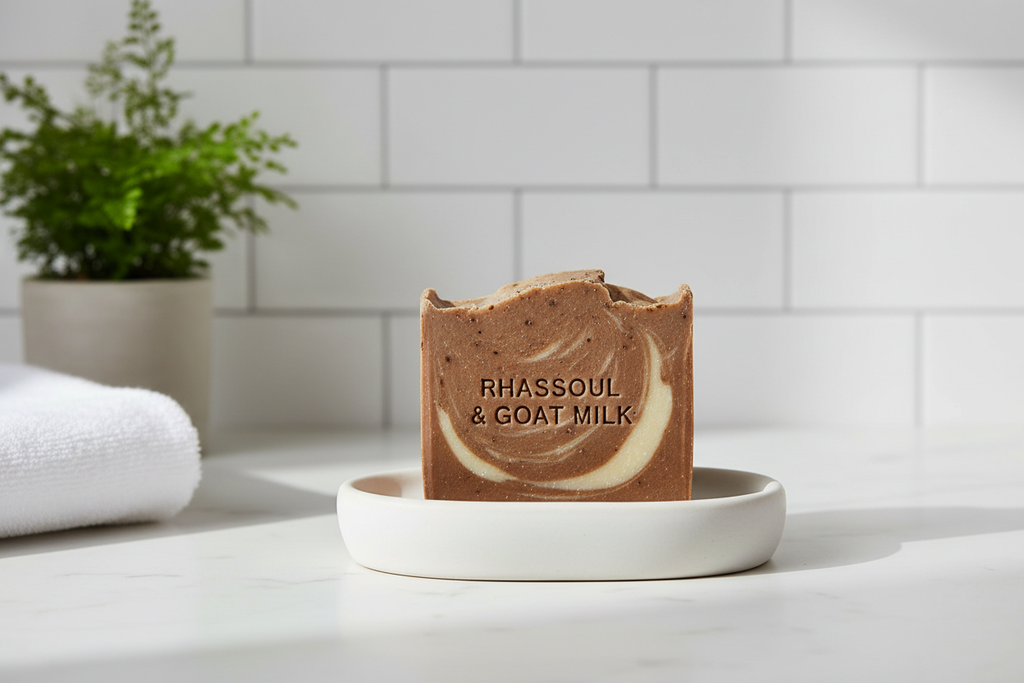im badezimmer auf einer seifenablage schön ein verkaufsbild von einer Rhassoul-Ton & Ziegenmilch Detox-Seife