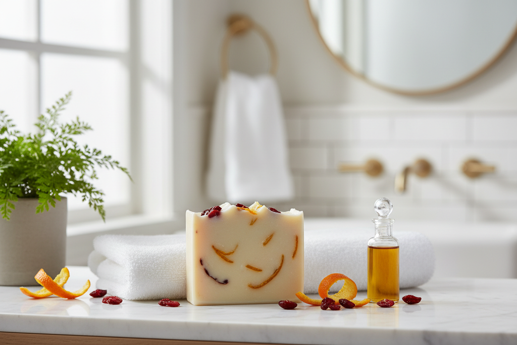 verkaufsbild schönes im Badezimmer von einer Ziegenmilch-Seife mit Cranberry & Orange